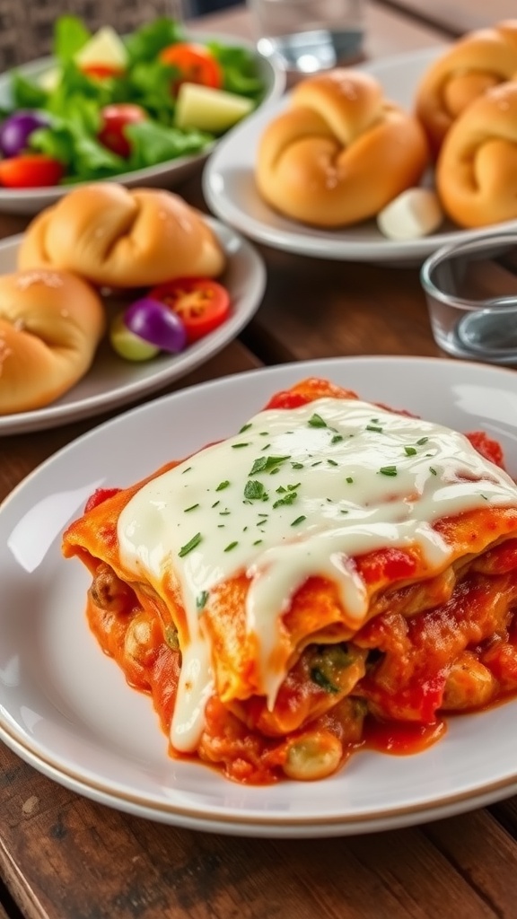 A slice of cheesy lasagna with a side of garlic knots on a rustic table.